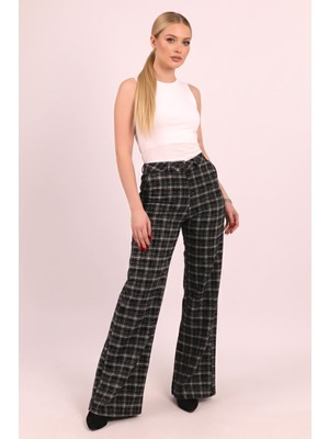 Armonika Kadın Gri Ekose Desen Yüksek Bel Bol Paça Pantolon ARM-26K136040