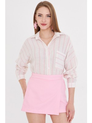 Armonika Kadın Pudra Uzun Kollu Cep Detaylı Sırtı Pileli Çizgili Oversize Gömlek ARM-25Y001044