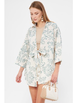 Armonika Kadın Mint Desenli Keten Görünümlü Önden Bağlamalı Kimono Gömlek ARM-24Y001079