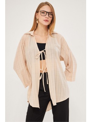 Armonika Kadın Bej Gömlek Yakalı Önden Bağcıklı Kimono Gömlek ARM-25K001006