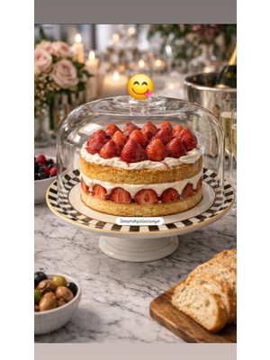 Seramikci Çizgili Kuşlu Desen Ayaklı Kek Fanusu 30CM