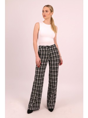 Armonika Kadın Siyah Ekose Desen Yüksek Bel Bol Paça Pantolon ARM-26K136040