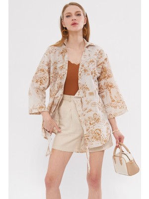 Armonika Kadın Açık Kahve Desenli Keten Görünümlü Önden Bağlamalı Kimono Gömlek ARM-24Y001079