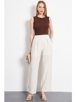 Armonika Kadın Ekru Keten Görünümlü Cepli Içi Yarım Astarlı Palazzo Pantolon ARM-24Y001070