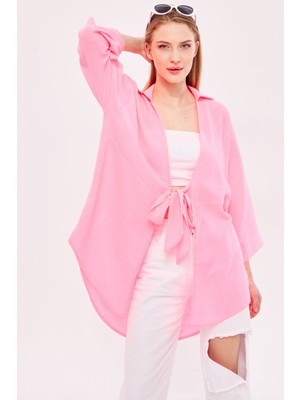 Armonika Kadın Neon Pembe Keten Görünümlü Önden Bağlamalı Kimono Gömlek ARM-24Y001063