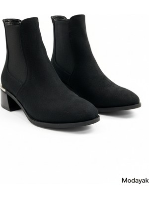 Modayak Florin Siyah Lastikli Süet Topuklu Gümüş Tokalı Yarım Bot