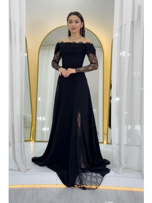 Zks Grup Tekstil- Kadın Dantel Kollu Yırtmaçlı Tasarım Abiye Elbise Siyah, Beyaz