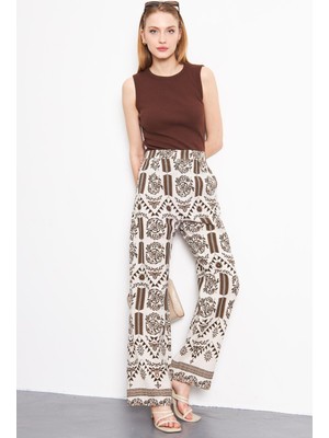 Armonika Kadın Kahve Keten Görünümlü Desenli Cepli Palazzo Pantolon ARM-24Y001069