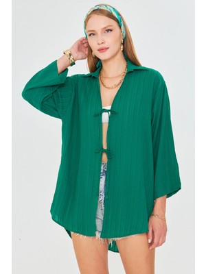 Armonika Kadın Koyu Yeşil Gömlek Yakalı Önden Bağcıklı Kimono Gömlek ARM-25K001006