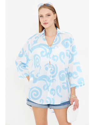 Armonika Kadın Bebemavi-Beyaz Gömlek Yakalı Önden Bağcıklı Kimono Gömlek ARM-25K001006