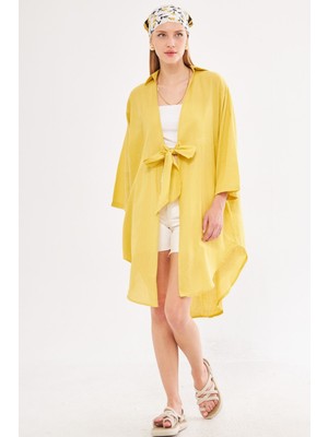 Armonika Kadın Sarı Önden Bağlamalı Ince Keten Kumaş Midi Boy Kimono Gömlek ARM-24Y001081