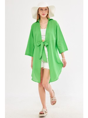 Armonika Kadın Yeşil Önden Bağlamalı Ince Keten Kumaş Midi Boy Kimono Gömlek ARM-24Y001081