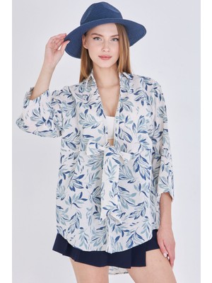 Armonika Kadın Açık Mint Desenli Keten Görünümlü Önden Bağlamalı Kimono Gömlek ARM-24Y001079