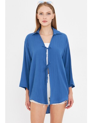 Armonika Kadın Koyu Mavi Gömlek Yakalı Önden Bağcıklı Kimono Gömlek ARM-25K001006