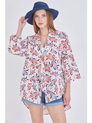 Armonika Kadın Kiremit Desenli Keten Görünümlü Önden Bağlamalı Kimono Gömlek ARM-24Y001079