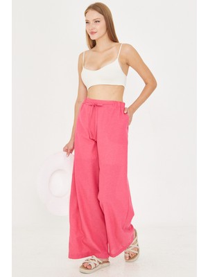 Armonika Kadın Fuşya Keten Görünümlü Beli Lastikli Cepli Bağlama Detaylı Astarlı Bol Pantolon ARM-25Y001078