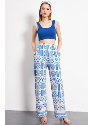 Armonika Kadın Mavi Keten Görünümlü Desenli Cepli Palazzo Pantolon ARM-24Y001069