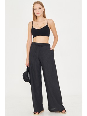 Armonika Kadın Siyah Keten Görünümlü Beli Lastikli Cepli Bağlama Detaylı Astarlı Bol Pantolon ARM-25Y001078