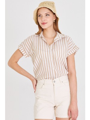 Armonika Kadın Vizon Ince Çizgili Kısa Kol Gömlek ARM-21K001188
