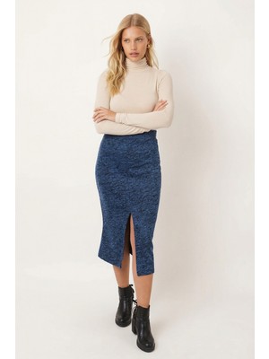 Armonika Kadın Koyu Mavi Önden Yırtmaçlı Beli Lastikli Midi Boy Etek ARM-26K001037