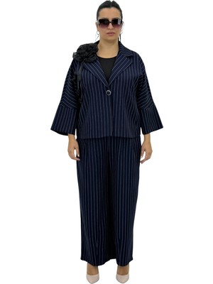 La Velina Büyük Beden Kadın Pamuklu Çizgili Aksesuar Detaylı Şık Kadın Ceket Takım