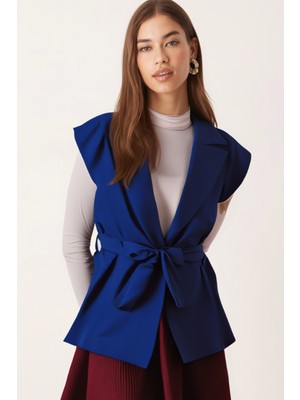 Armonika Kadın Saks Erkek Yaka Beli Kuşaklı Keten Görünümlü Yelek ARM-25Y001079