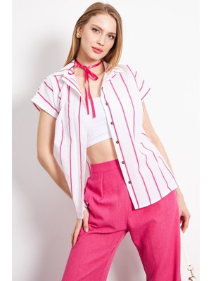 Armonika Kadın Fuşya Çizgili Kısa Kol Gömlek ARM-19Y001067