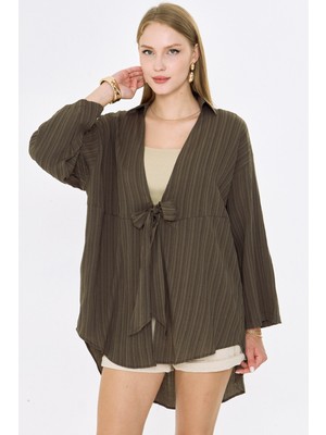 Armonika Kadın Koyu Haki Kendinden Çizgili Önden Bağlamalı Kimono Gömlek ARM-24Y001101