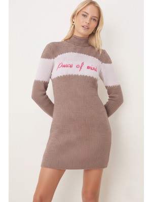 Armonika Kadın Bej Balıkçı Yaka Önü Yazalı Triko Kazak ARM-26K136033