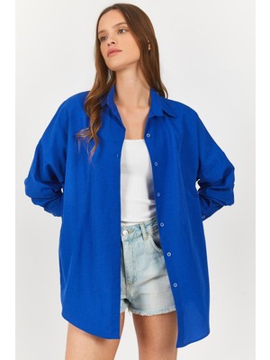 Armonika Kadın Saks Oversize Uzun Basic Gömlek ARM-22Y001118