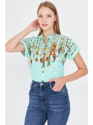 Armonika Kadın Mint Hakim Yaka Kısa Kollu Gömlek ARM-25Y001040