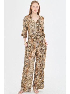 Armonika Kadın Kahve Önden Fermuarlı Beli Kuşaklı Kısa Kollu Cepli Geniş Paça Tulum ARM-25Y001017