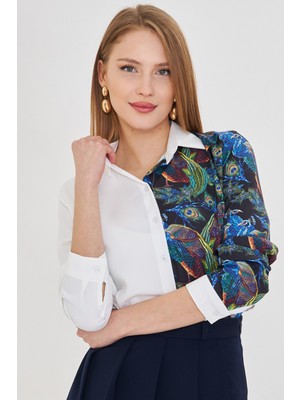 Armonika Kadın Saks Asimetrik Desenli Gömlek ARM-25Y001011