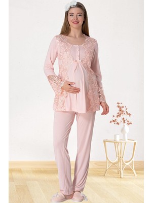 Mecit Pijama Mecit 5015 Dantelli Pudra Lohusa Pjama Takımı