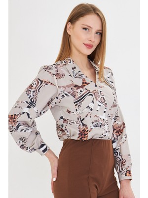 Armonika Kadın Taş V Yaka Balon Kol Desenli Gömlek ARM-25Y001016