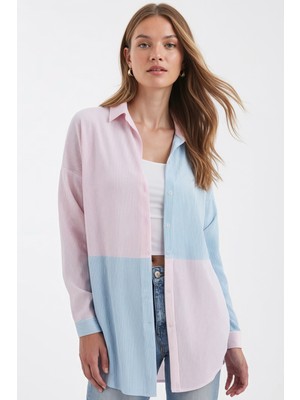 Armonika Kadın Bebe Mavi Çizgili Iki Renkli Uzun Kol Salaş Gömlek ARM-21K001193