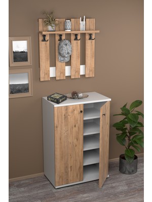 Portmanto Vestiyer 5 Raflı Ayakkabılık ve Çit Duvar Askılık Set Çam-Beyaz