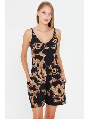 Armonika Kadın Siyah-Bej Askılı Beli Lastikli Cepli Kısa Tulum ARM-25Y001100