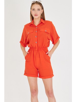 Armonika Kadın Mercan Yarasa Kol Cepli Beli Lastikli Şortlu Tulum ARM-23Y001075