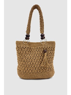 Wuclo Bralin Ahşap Boncuk ve Püskül Detaylı %100 El Yapımı Hasır El, Kol ve Omuz Çantası