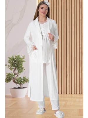 Mecit Pijama Mecit 5416 Ekru Uzun Sabahlıklı Lohusa Pjama Takımı