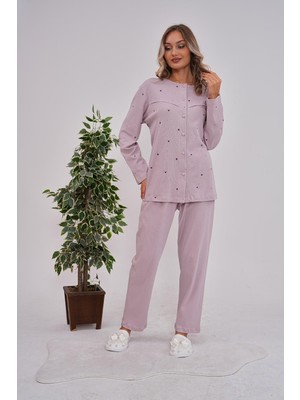 Mecit Pijama Mecit 6151 Lila Boydan Düğmeli %100 Pamuk Büyük Beden Pijama Takımı