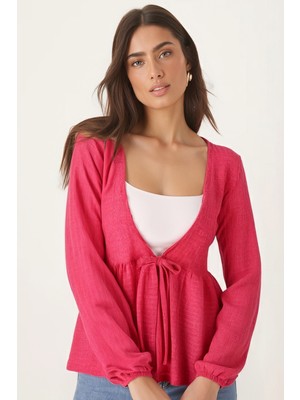 Armonika Kadın Fuşya V Yaka Yumuşak Dokulu Önü Bağlamalı Kolları Lastikli Triko Hırka ARM-26K001010