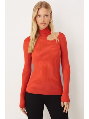 Armonika Kadın Turuncu Balıkçı Yaka Tek Omuz Dekolteli Triko Kazak ARM-26K136067