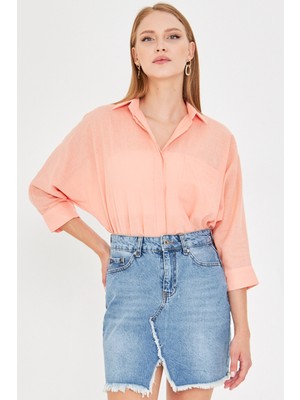 Armonika Kadın Yavruağzı Cepli Salaş Keten Gömlek ARM-21Y001035