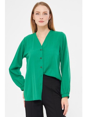Armonika Kadın Yeşil Kolu Lastikli Bürümcük Gömlek ARM-24K001002
