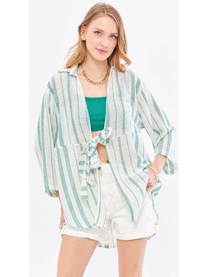 Armonika Kadın Koyu Yeşil Çizgili Önden Bağlamalı Kimono Gömlek ARM-24Y001091