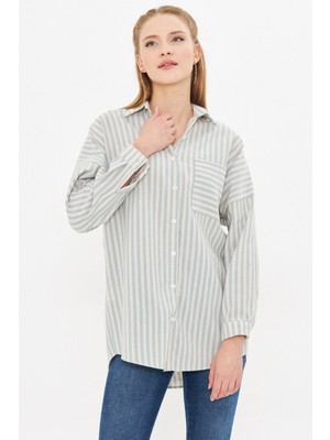 Armonika Kadın Mint Çizgili Uzun Kol Cep Detaylı Pileli Oversize Gömlek ARM-24Y001057
