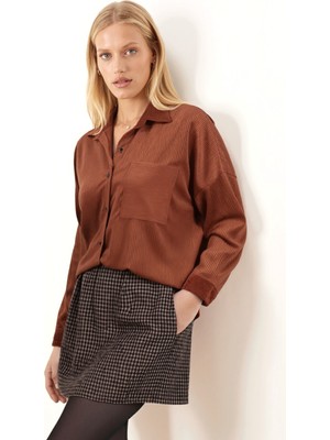 Armonika Kadın Taba Cepli Oversize Ince Fitilli Kadife Gömlek ARM-24K001076