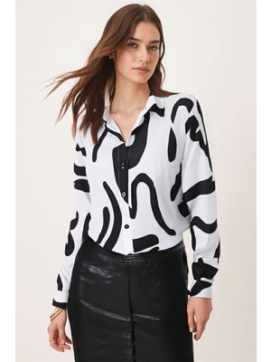Armonika Kadın Beyaz-Siyah Desenli Uzun Kol Gömlek ARM-24K001017